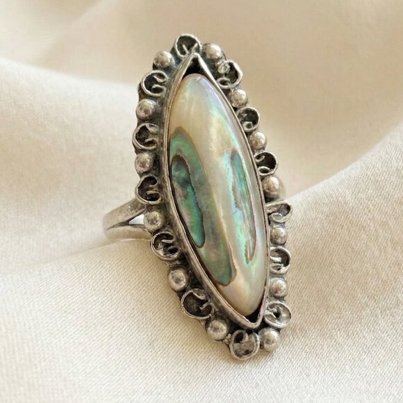 Vintage Mexican Sterling Silver Marquise Inlay Abalone Shell RING Size 6 - Picture 1 of 5